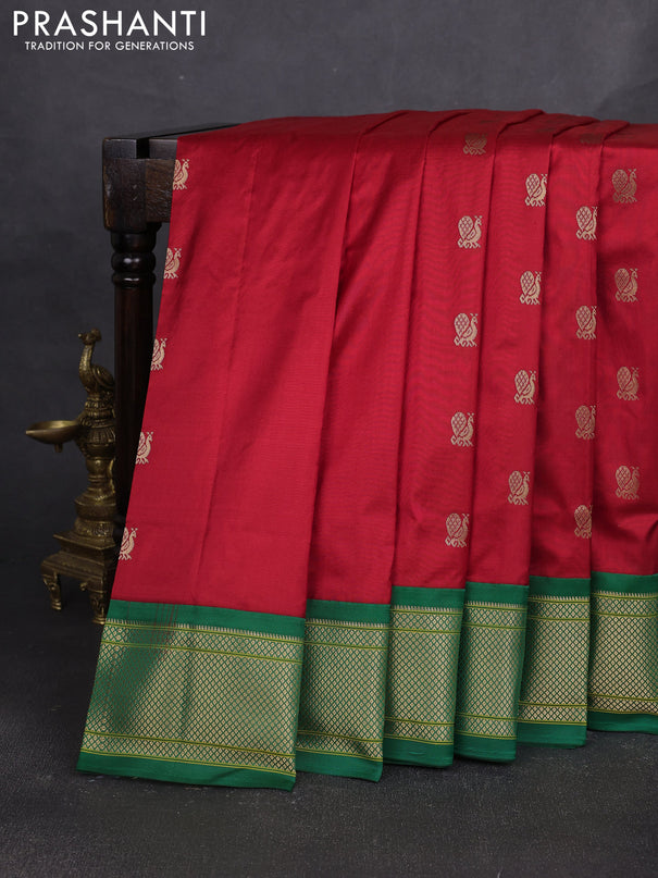 Pure paithani silk saree red and green with annam zari woven buttas and paithani weaving pallu