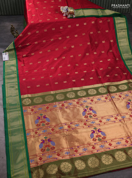 Pure paithani silk saree red and green with annam zari woven buttas and paithani weaving pallu