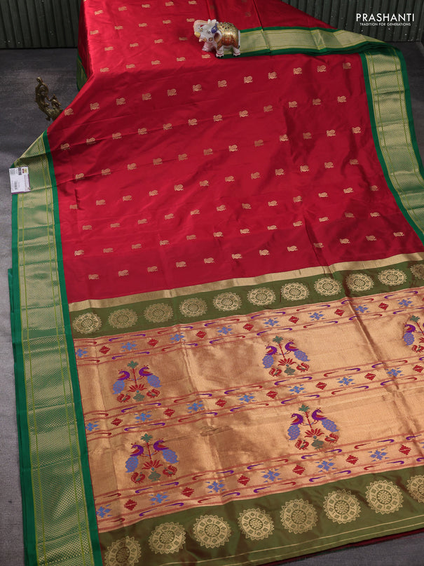 Pure paithani silk saree red and green with annam zari woven buttas and paithani weaving pallu