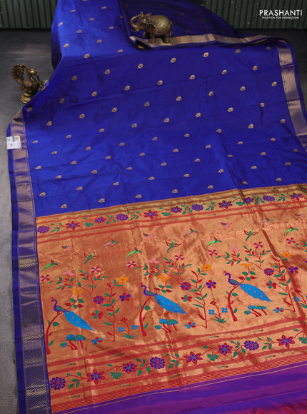 Pure paithani silk saree blue with annam zari woven buttas and paithani weaving pallu