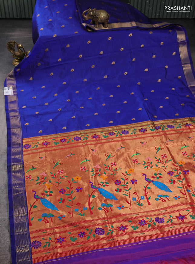 Pure paithani silk saree blue with annam zari woven buttas and paithani weaving pallu