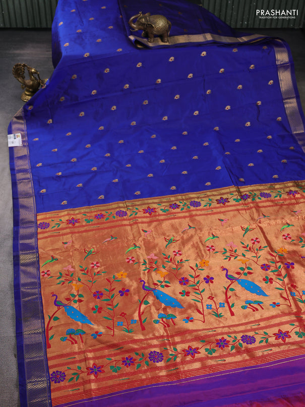 Pure paithani silk saree blue with annam zari woven buttas and paithani weaving pallu