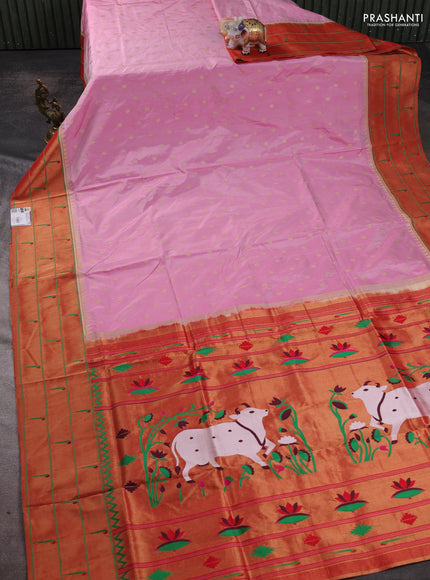 Pure paithani silk saree light pink and red with allover zari woven buttas and long zari woven muniya butta border