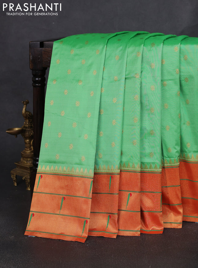 Pure paithani silk saree green and red with allover zari woven buttas and paithani weaving pallu
