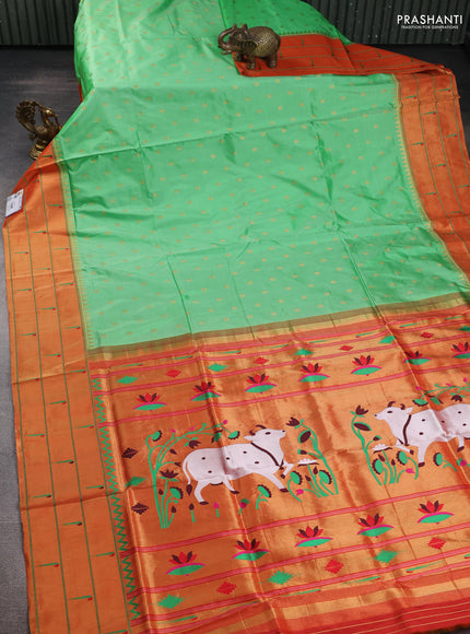 Pure paithani silk saree green and red with allover zari woven buttas and paithani weaving pallu