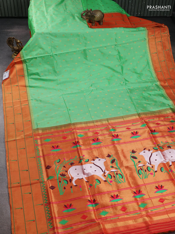 Pure paithani silk saree green and red with allover zari woven buttas and paithani weaving pallu