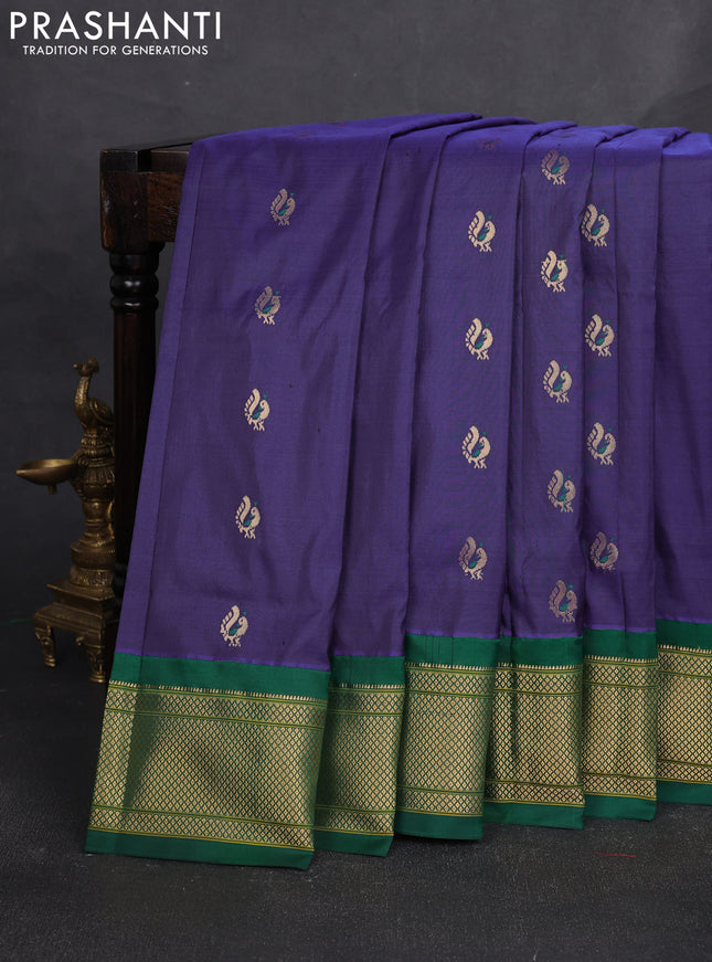 Pure paithani silk saree blue and green with allover annam zari woven buttas and paithani weaving pallu