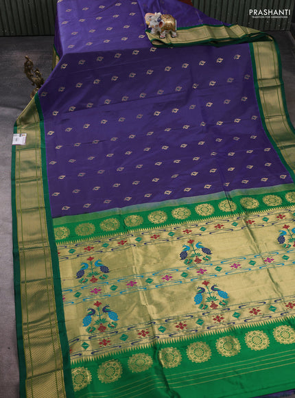 Pure paithani silk saree blue and green with allover annam zari woven buttas and paithani weaving pallu