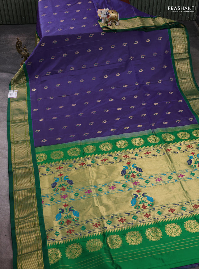 Pure paithani silk saree blue and green with allover annam zari woven buttas and paithani weaving pallu