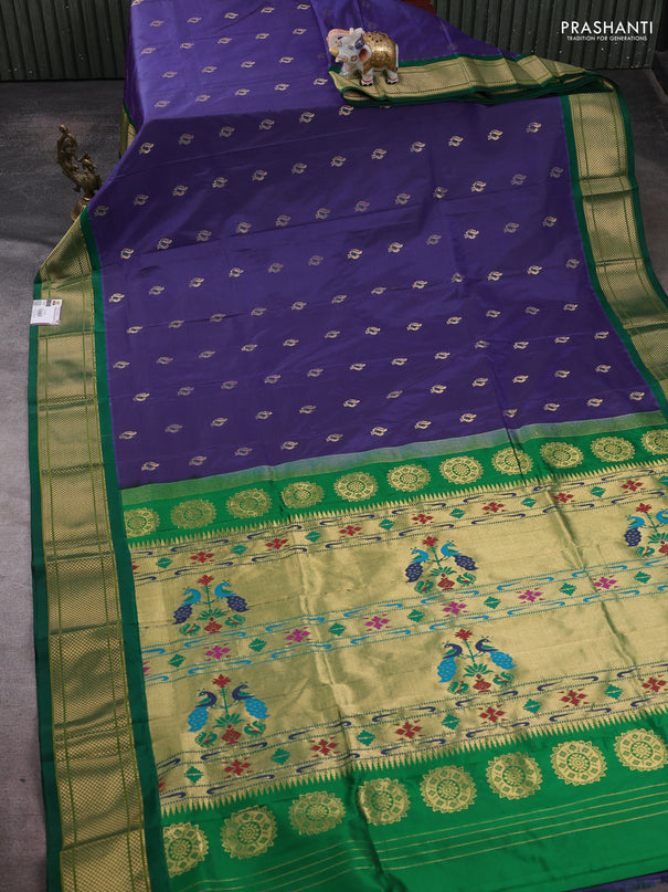 Pure paithani silk saree blue and green with allover annam zari woven buttas and paithani weaving pallu