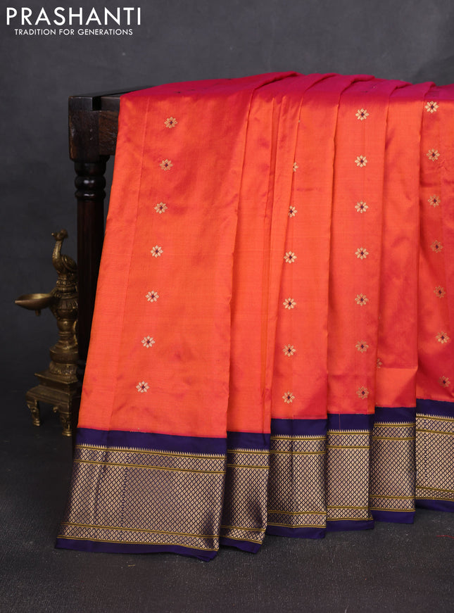 Pure paithani silk saree dual shade of orange and navy blue with allover zari woven buttas and paithani weaving pallu