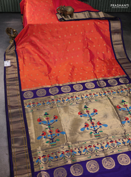 Pure paithani silk saree dual shade of orange and navy blue with allover zari woven buttas and paithani weaving pallu