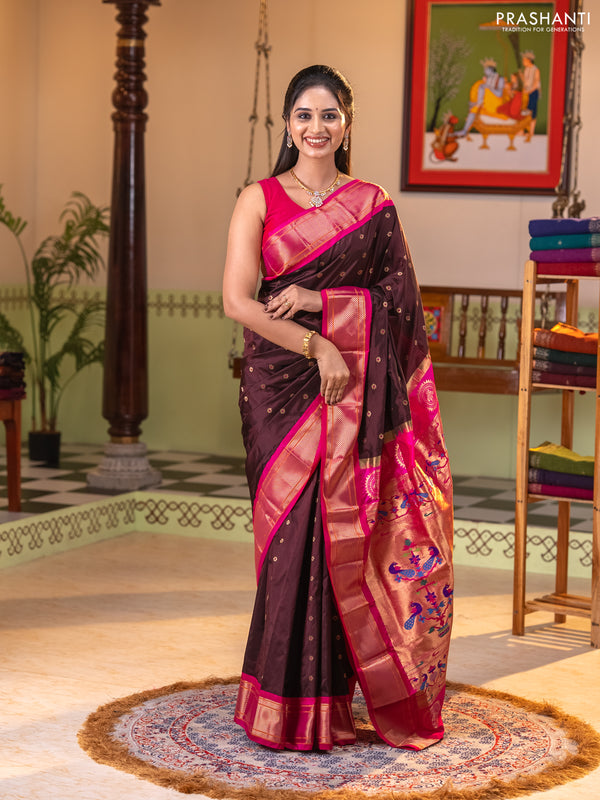 Pure paithani silk saree coffee brown and pink with allover zari woven buttas and paithani weaving pallu