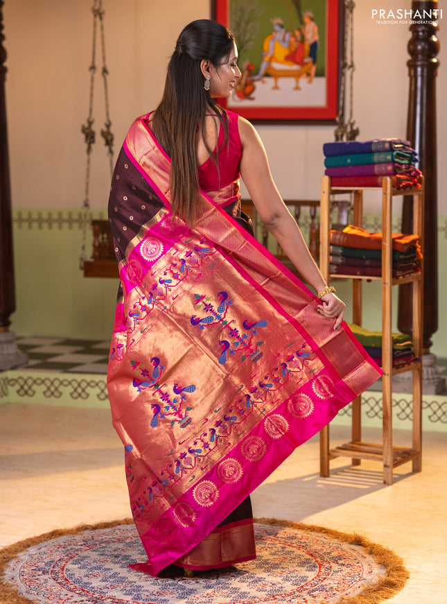 Pure paithani silk saree coffee brown and pink with allover zari woven buttas and paithani weaving pallu