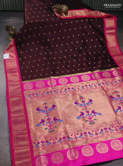 Pure paithani silk saree coffee brown and pink with allover zari woven buttas and paithani weaving pallu