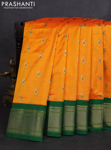 Pure paithani silk saree mango yellow and green with allover annam zari woven buttas and paithani weaving pallu