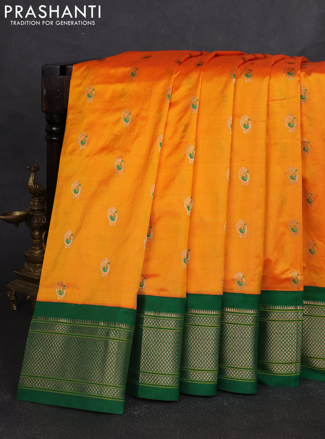 Pure paithani silk saree mango yellow and green with allover annam zari woven buttas and paithani weaving pallu