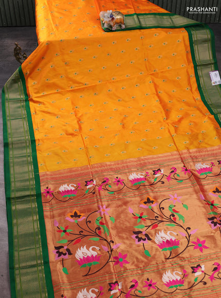 Pure paithani silk saree mango yellow and green with allover annam zari woven buttas and paithani weaving pallu