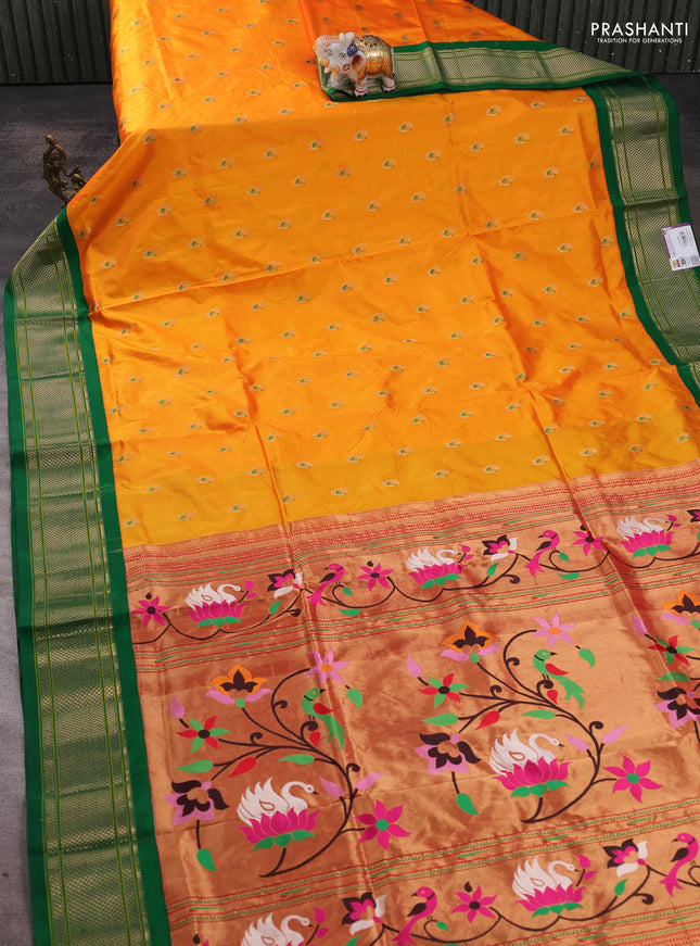 Pure paithani silk saree mango yellow and green with allover annam zari woven buttas and paithani weaving pallu