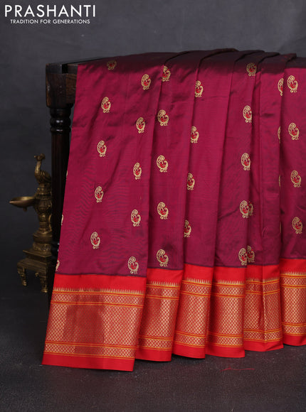 Pure paithani silk saree dark magenta pink and red with allover annam zari woven buttas and paithani weaving pallu