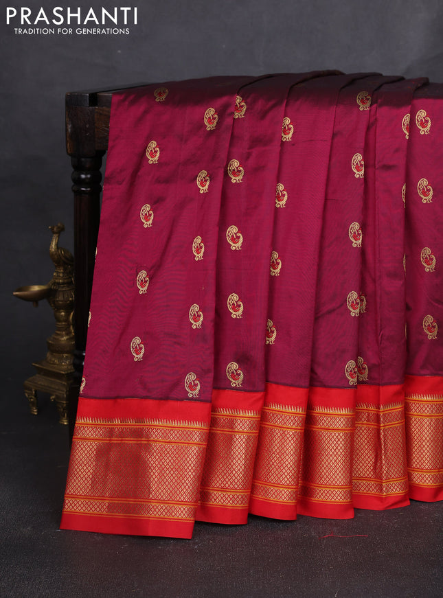 Pure paithani silk saree dark magenta pink and red with allover annam zari woven buttas and paithani weaving pallu
