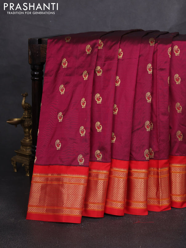 Pure paithani silk saree dark magenta pink and red with allover annam zari woven buttas and paithani weaving pallu