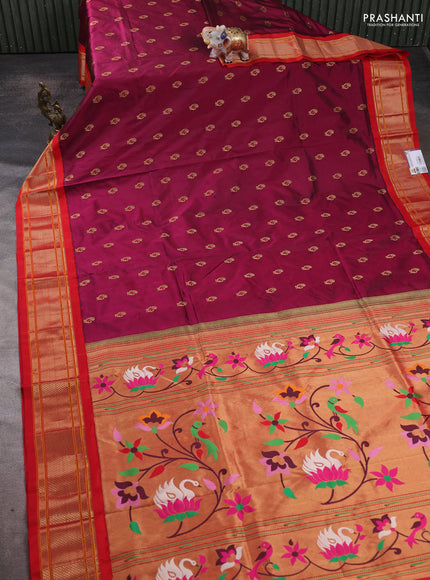 Pure paithani silk saree dark magenta pink and red with allover annam zari woven buttas and paithani weaving pallu