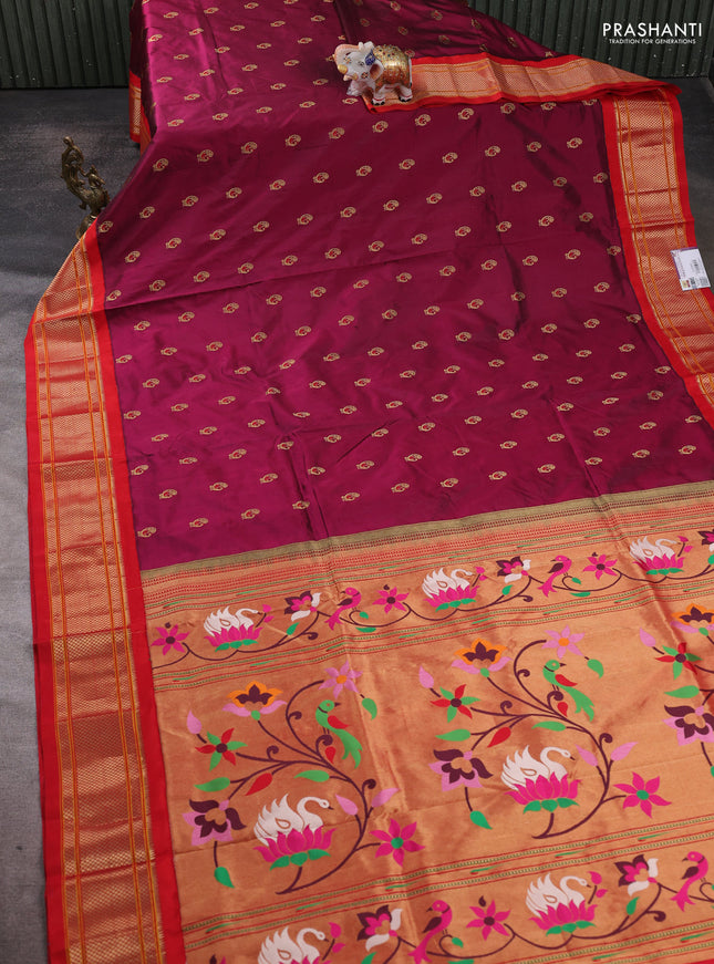 Pure paithani silk saree dark magenta pink and red with allover annam zari woven buttas and paithani weaving pallu