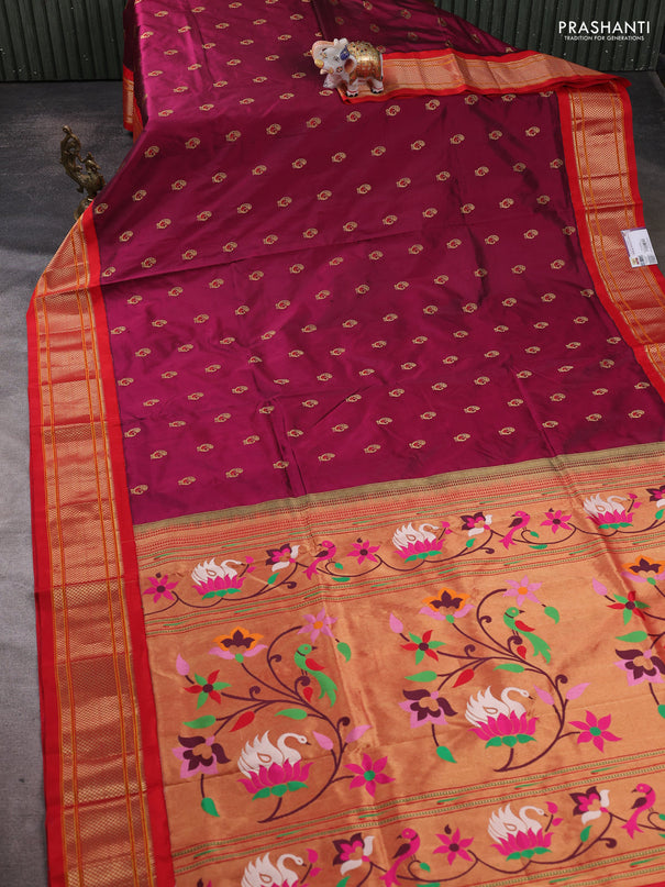 Pure paithani silk saree dark magenta pink and red with allover annam zari woven buttas and paithani weaving pallu