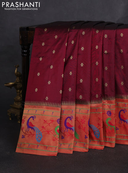 Pure paithani silk saree wine shade and red with allover zari woven buttas and paithani weaving pallu