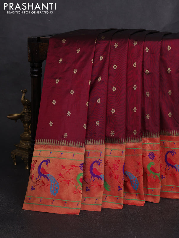 Pure paithani silk saree wine shade and red with allover zari woven buttas and paithani weaving pallu