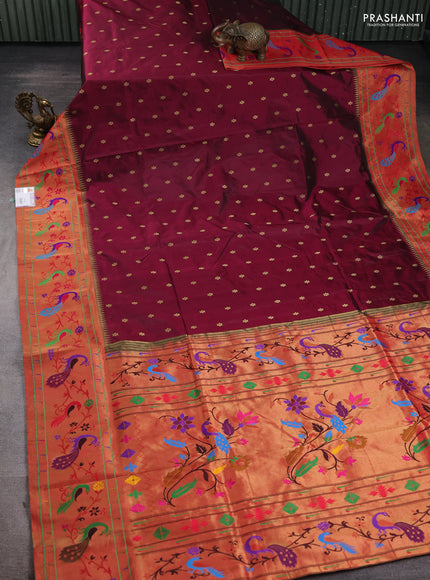 Pure paithani silk saree wine shade and red with allover zari woven buttas and paithani weaving pallu