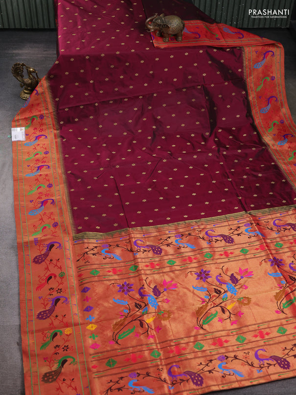 Pure paithani silk saree wine shade and red with allover zari woven buttas and paithani weaving pallu