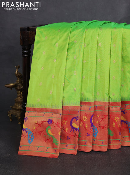 Pure paithani silk saree light green and red with allover zari woven buttas and paithani weaving pallu