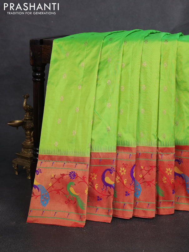 Pure paithani silk saree light green and red with allover zari woven buttas and paithani weaving pallu