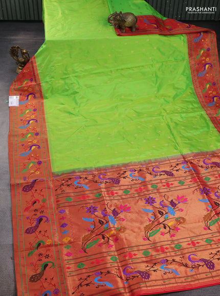 Pure paithani silk saree light green and red with allover zari woven buttas and paithani weaving pallu