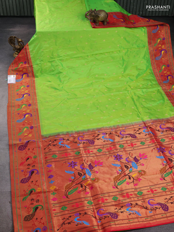Pure paithani silk saree light green and red with allover zari woven buttas and paithani weaving pallu