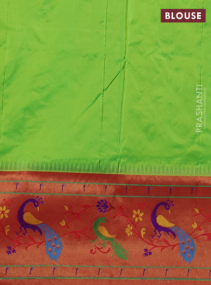 Pure paithani silk saree light green and red with allover zari woven buttas and paithani weaving pallu