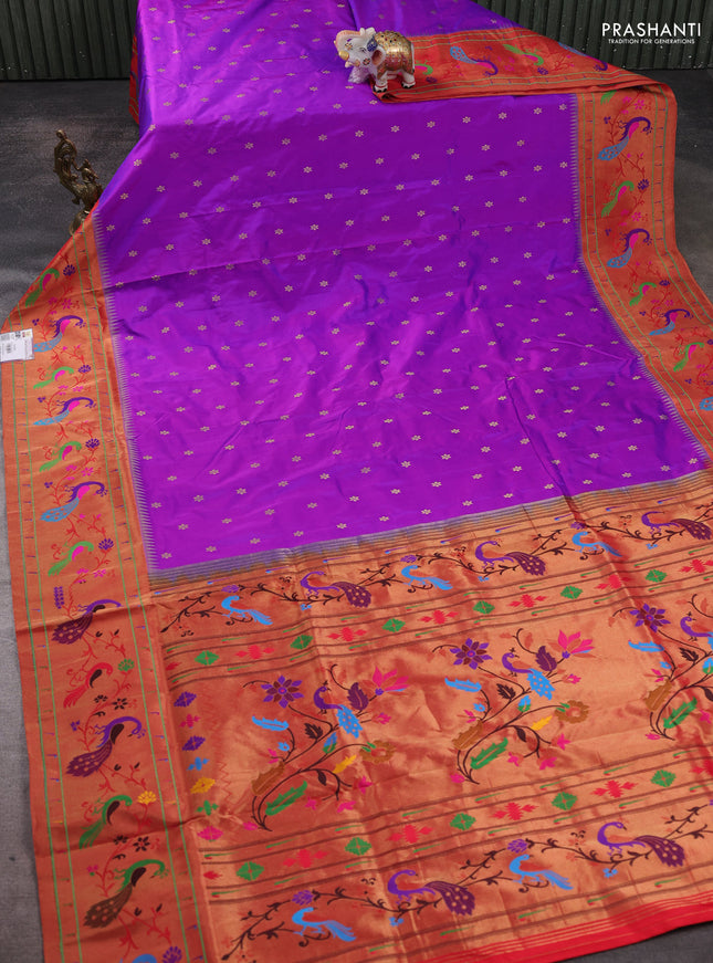 Pure paithani silk saree purple and red with allover zari woven buttas and paithani weaving pallu