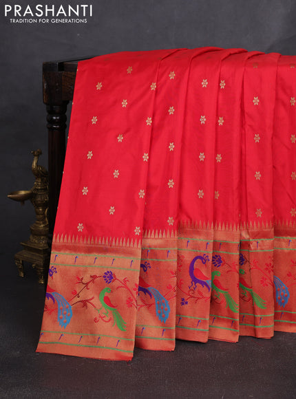 Pure paithani silk saree red with allover zari woven buttas and paithani weaving pallu