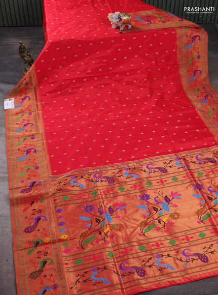 Pure paithani silk saree red with allover zari woven buttas and paithani weaving pallu