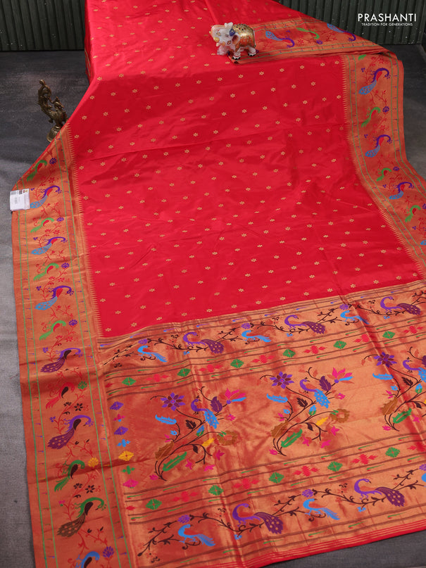 Pure paithani silk saree red with allover zari woven buttas and paithani weaving pallu
