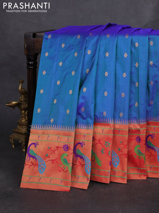 Pure paithani silk saree dual shade of bluish green and red with allover zari woven buttas and paithani weaving pallu
