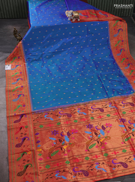 Pure paithani silk saree dual shade of bluish green and red with allover zari woven buttas and paithani weaving pallu