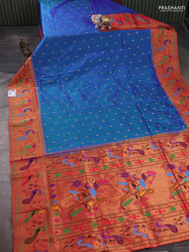 Pure paithani silk saree dual shade of bluish green and red with allover zari woven buttas and paithani weaving pallu