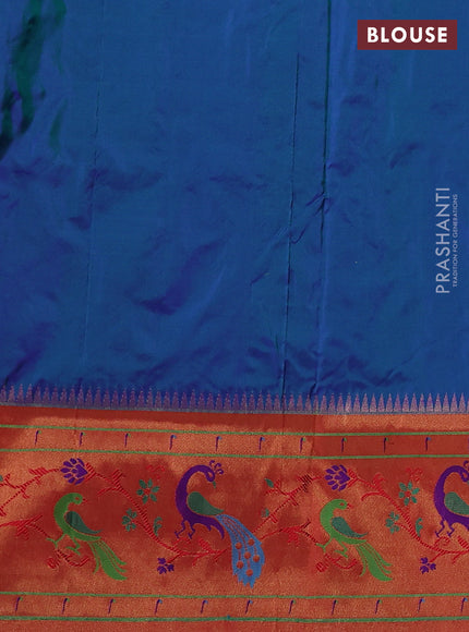 Pure paithani silk saree dual shade of bluish green and red with allover zari woven buttas and paithani weaving pallu