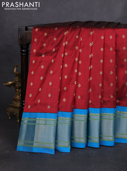 Pure paithani silk saree maroon and cs blue with allover zari woven buttas and paithani weaving pallu