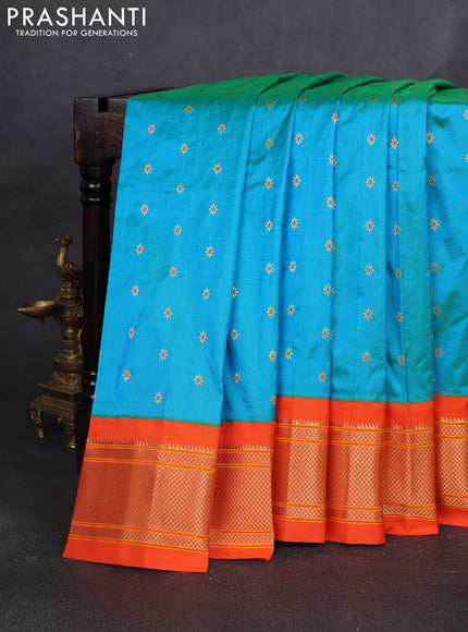 Pure paithani silk saree dual shade of teal bluish green and orange with allover zari woven buttas and paithani weaving pallu
