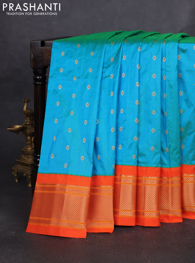 Pure paithani silk saree dual shade of teal bluish green and orange with allover zari woven buttas and paithani weaving pallu