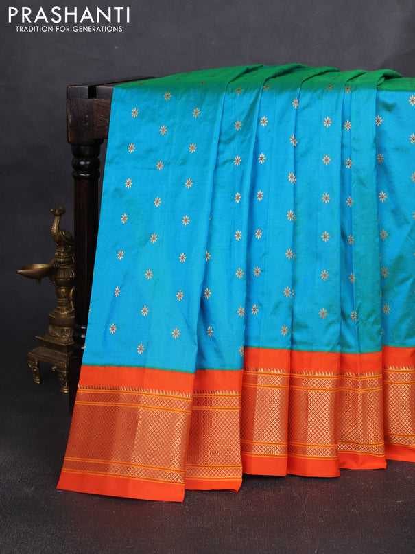 Pure paithani silk saree dual shade of teal bluish green and orange with allover zari woven buttas and paithani weaving pallu